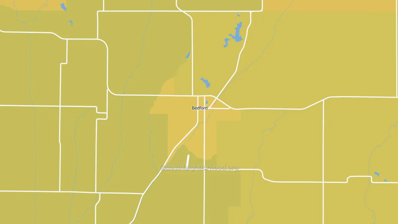 Map of the best neighborhoods in the 50833 area, with better matches in green and worse matches in red