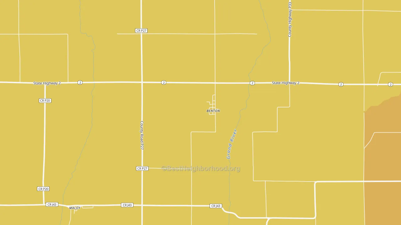 Map of the best neighborhoods in the 50835 area, with better matches in green and worse matches in red