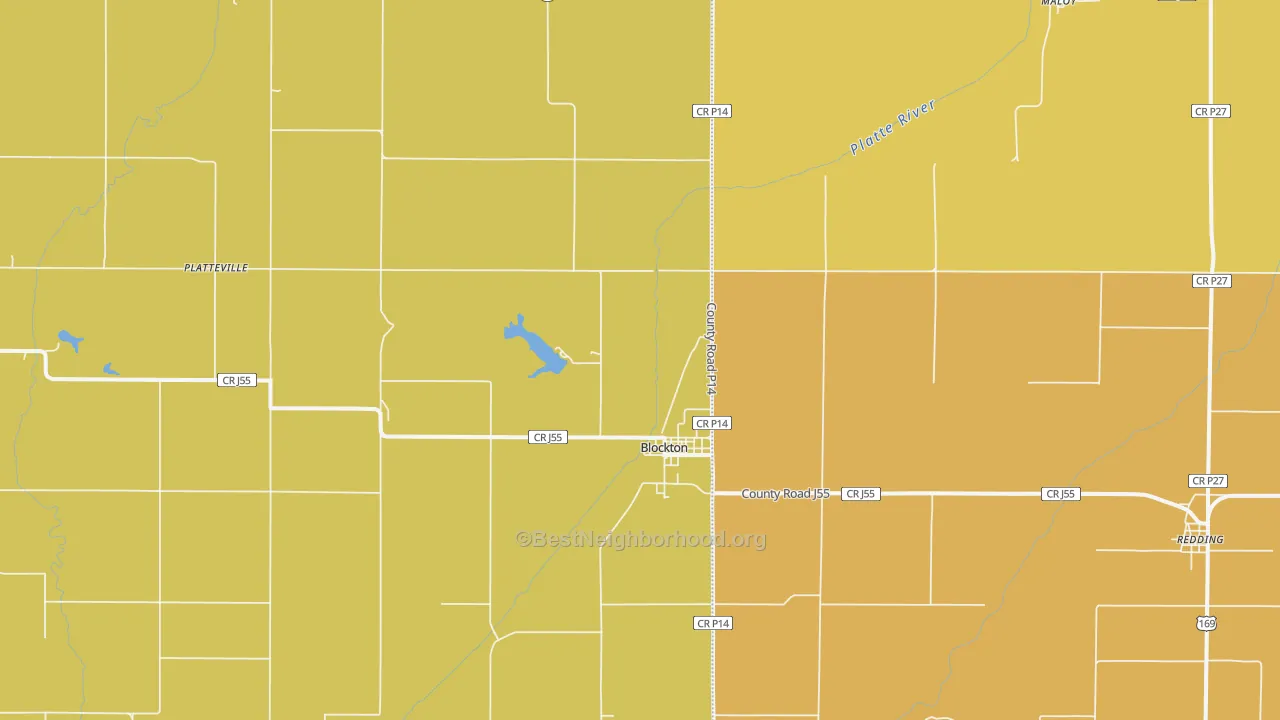 Map of the best neighborhoods in the 50836 area, with better matches in green and worse matches in red