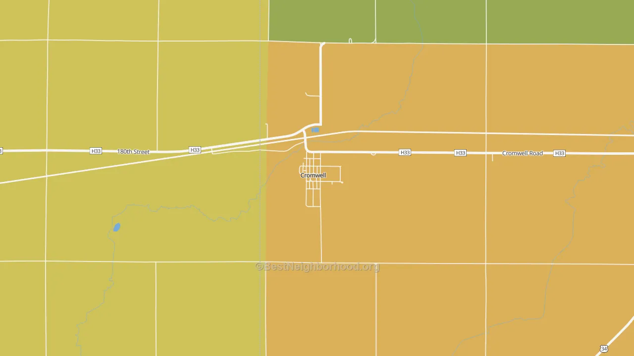 Map of the best neighborhoods in the 50842 area, with better matches in green and worse matches in red