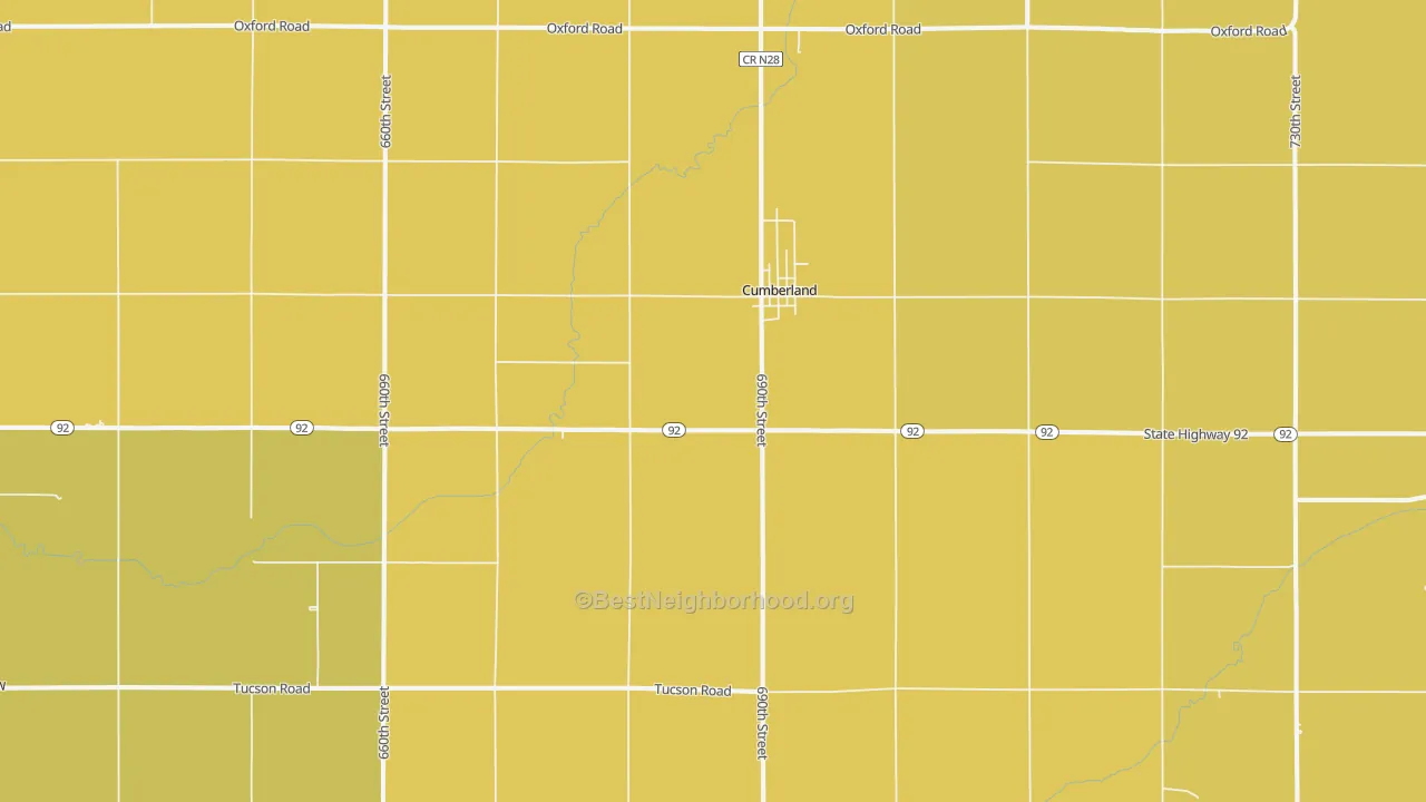 Map of the best neighborhoods in the 50843 area, with better matches in green and worse matches in red