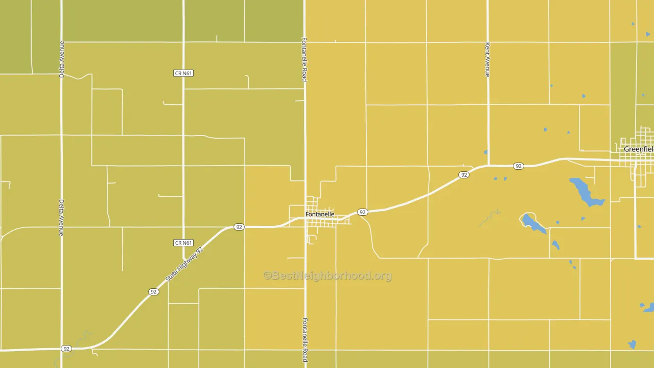 Map of the best neighborhoods in the 50846 area, with better matches in green and worse matches in red