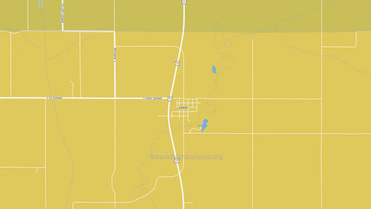 Map of the best neighborhoods in the 50847 area, with better matches in green and worse matches in red