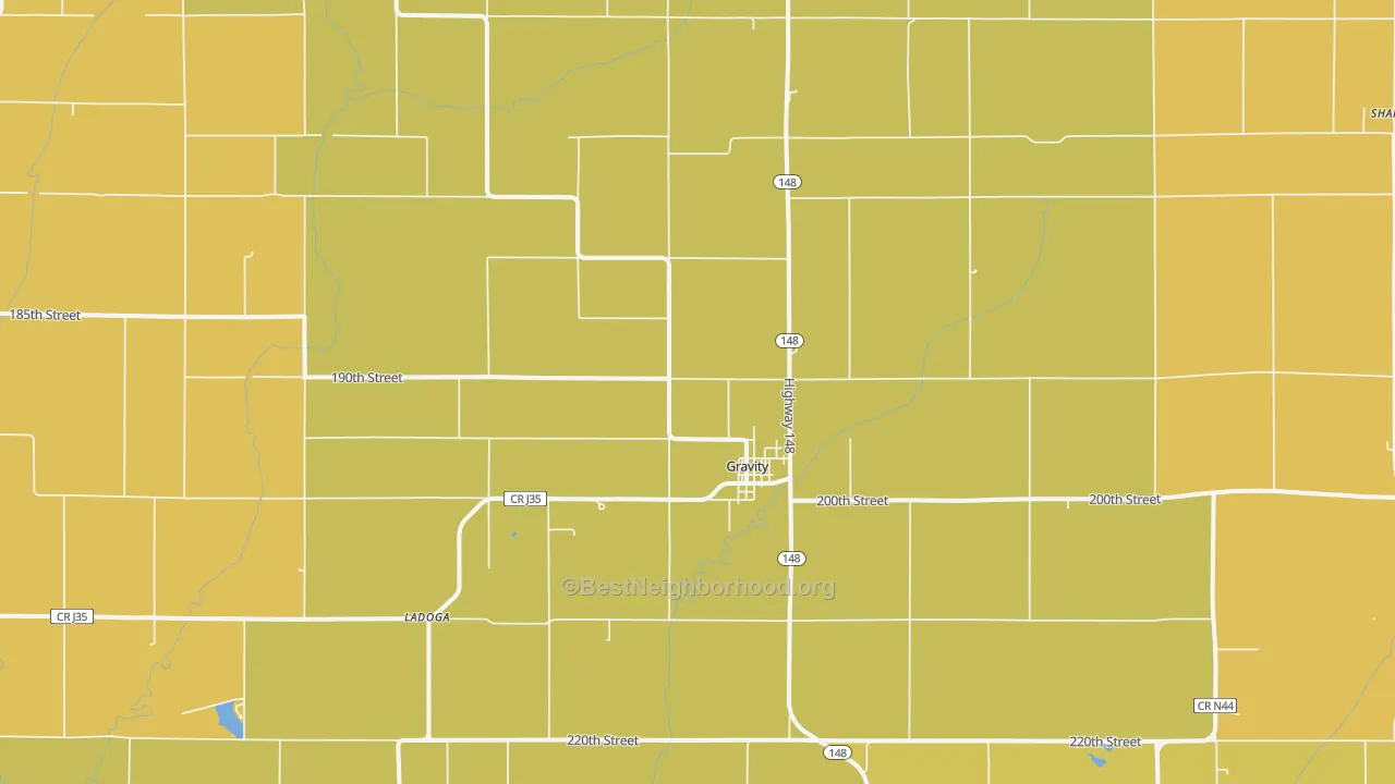 Map of the best neighborhoods in the 50848 area, with better matches in green and worse matches in red