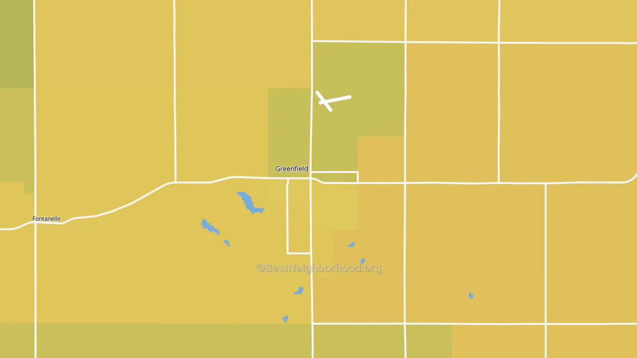 Map of the best neighborhoods in the 50849 area, with better matches in green and worse matches in red