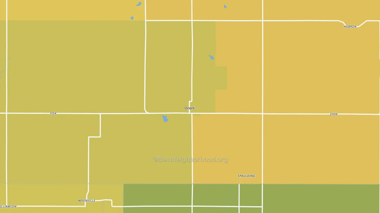 Map of the best neighborhoods in the 50858 area, with better matches in green and worse matches in red