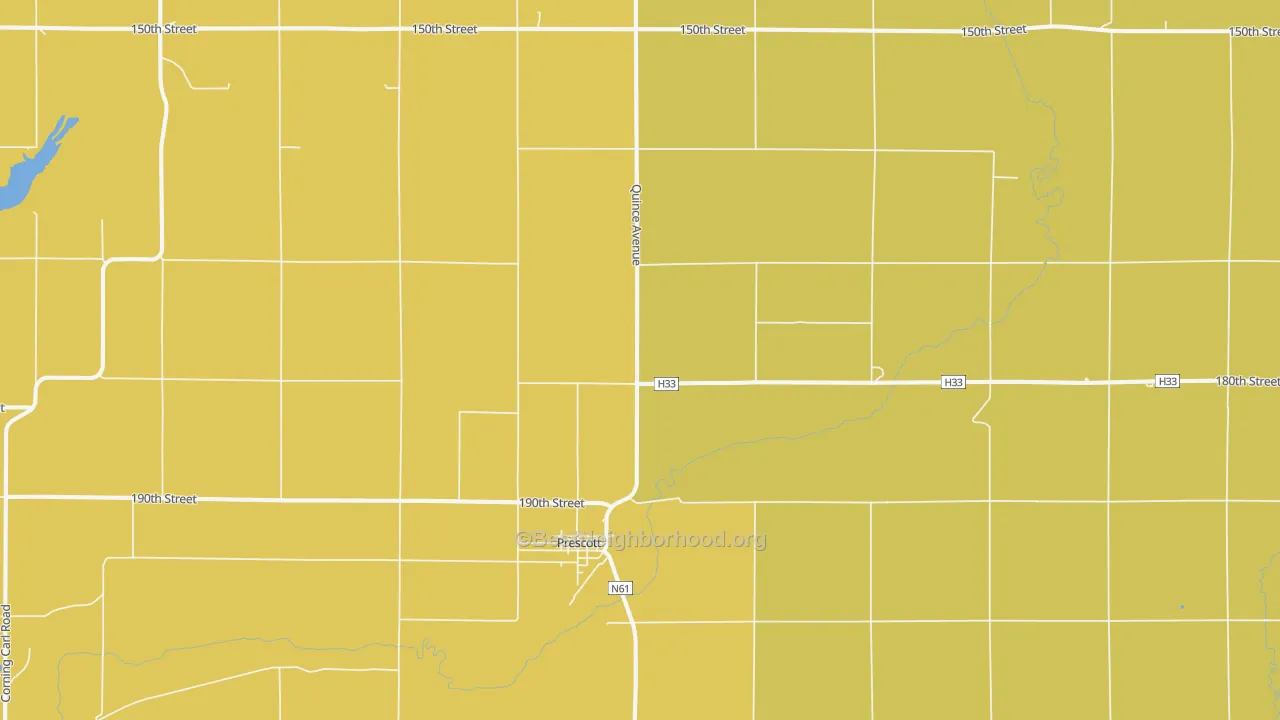 Map of the best neighborhoods in the 50859 area, with better matches in green and worse matches in red