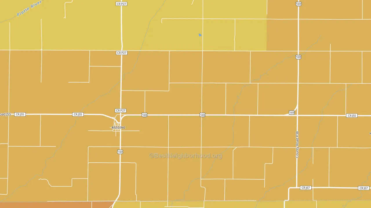 Map of the best neighborhoods in the 50860 area, with better matches in green and worse matches in red