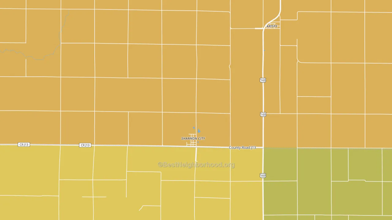 Map of the best neighborhoods in the 50861 area, with better matches in green and worse matches in red