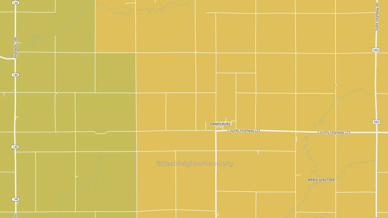 Map of the best neighborhoods in the 50862 area, with better matches in green and worse matches in red