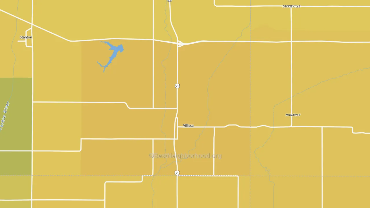 Map of the best neighborhoods in the 50864 area, with better matches in green and worse matches in red