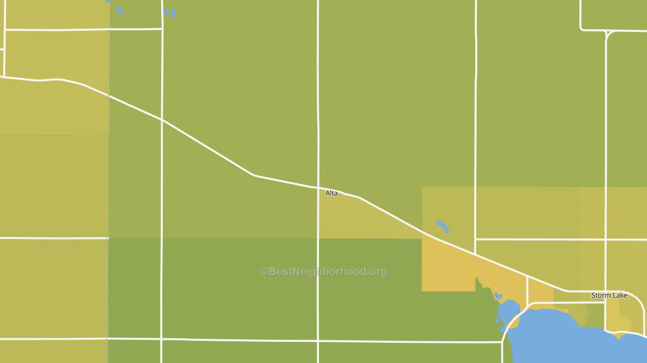 Map of the best neighborhoods in the 51002 area, with better matches in green and worse matches in red