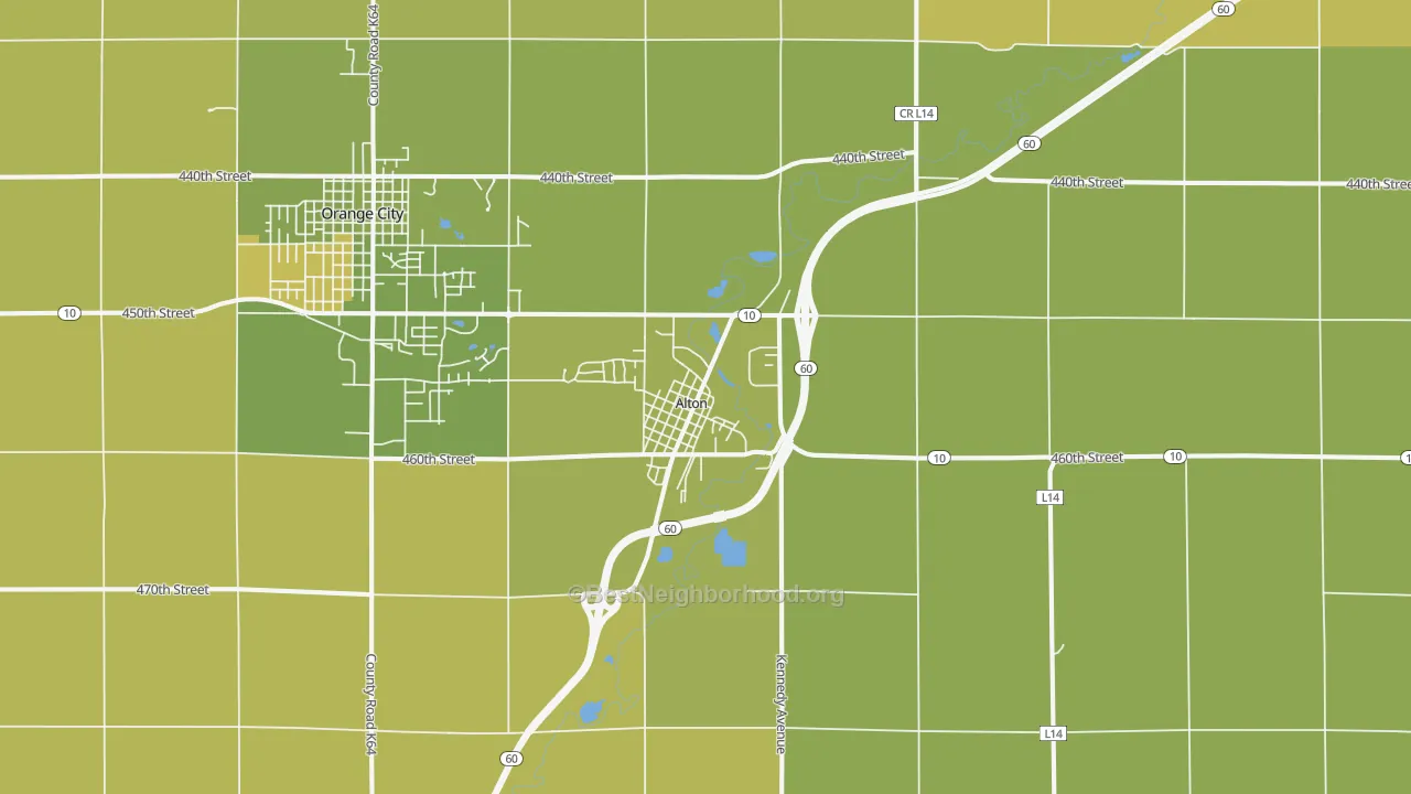 Map of the best neighborhoods in the 51003 area, with better matches in green and worse matches in red