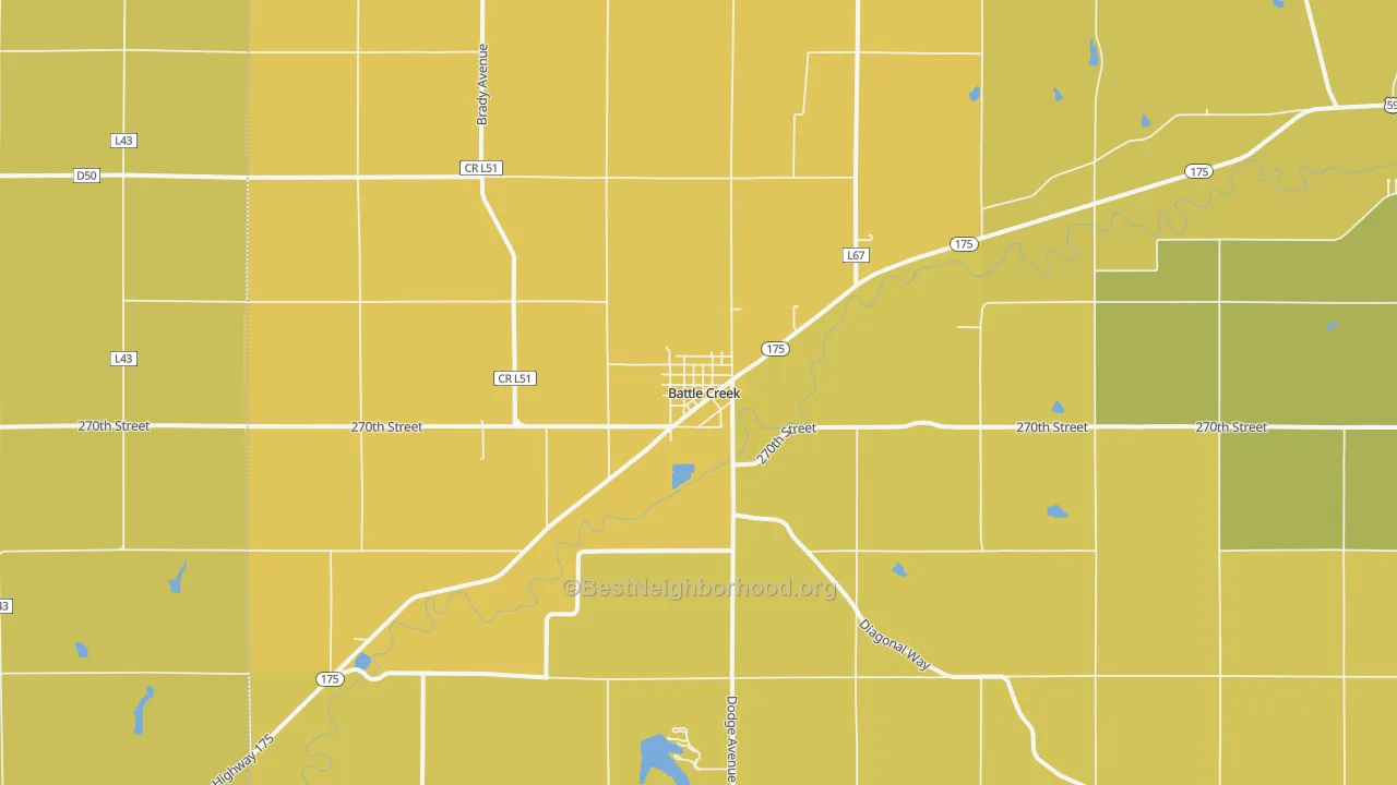 Map of the best neighborhoods in the 51006 area, with better matches in green and worse matches in red