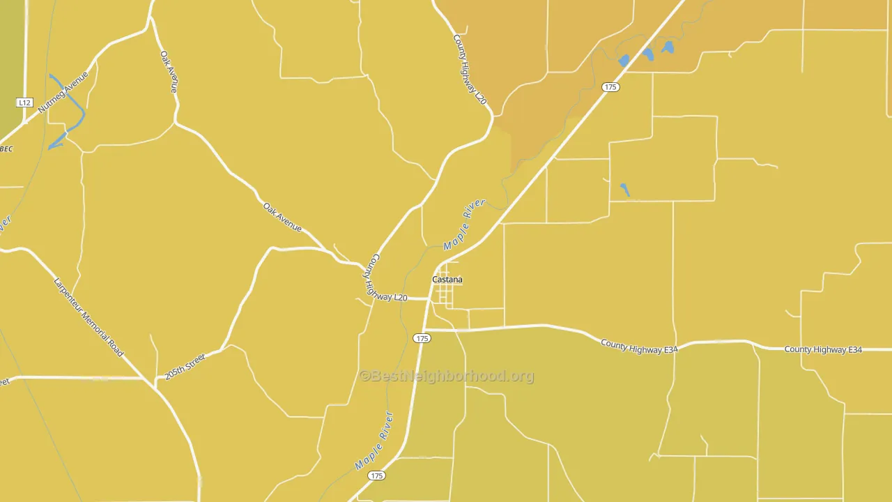 Map of the best neighborhoods in the 51010 area, with better matches in green and worse matches in red