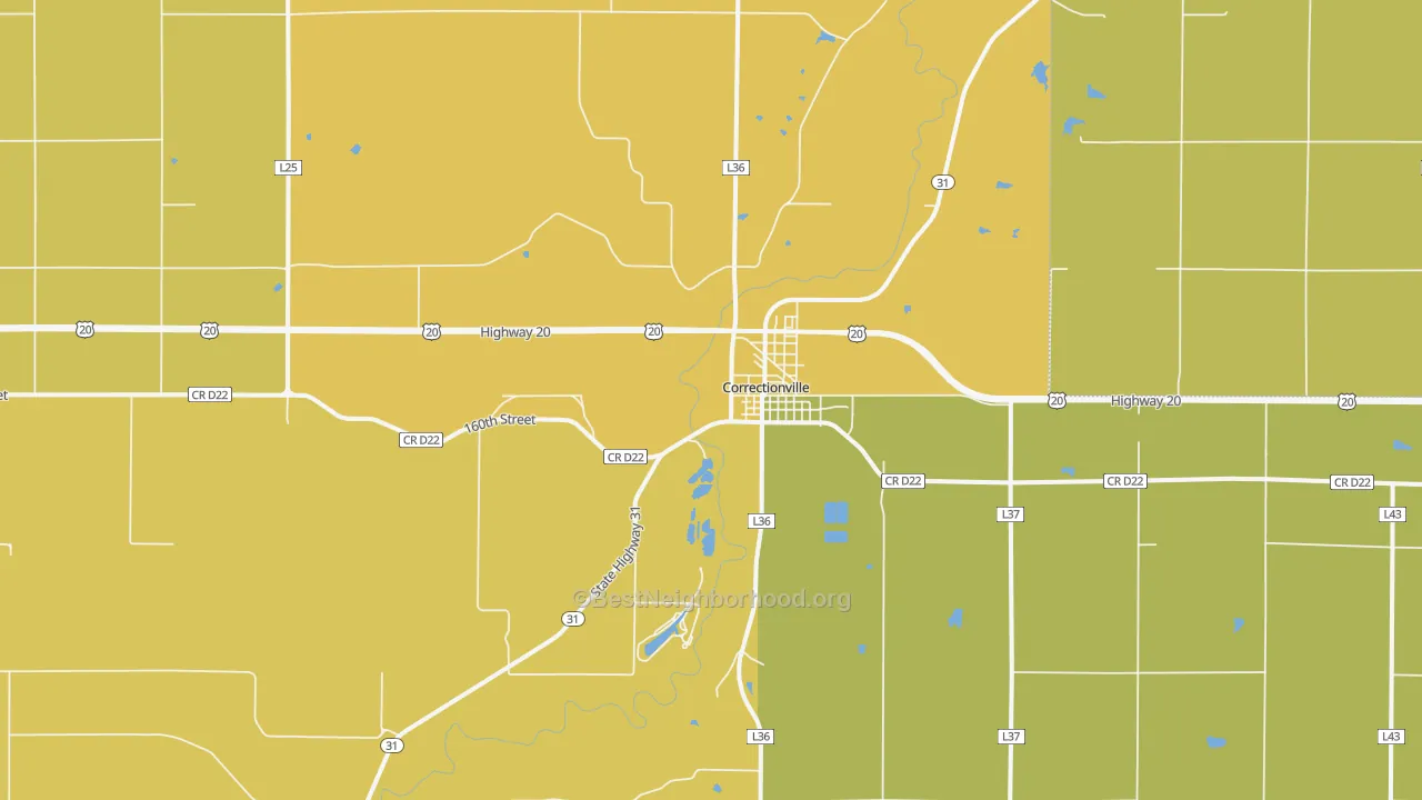 Map of the best neighborhoods in the 51016 area, with better matches in green and worse matches in red