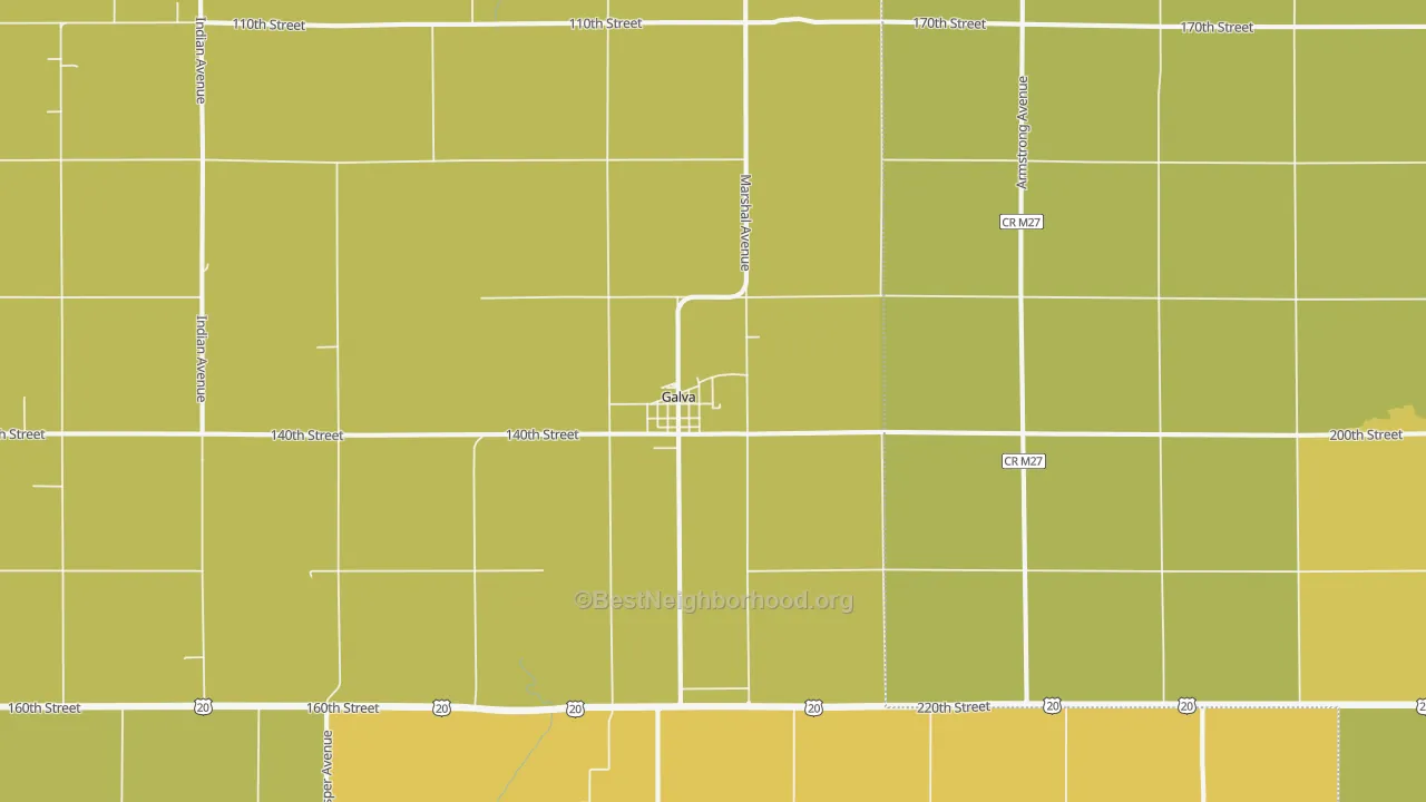 Map of the best neighborhoods in the 51020 area, with better matches in green and worse matches in red