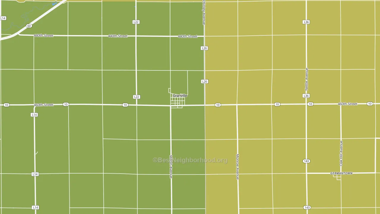 Map of the best neighborhoods in the 51022 area, with better matches in green and worse matches in red