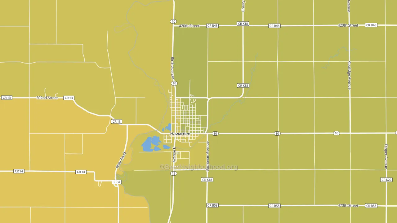 Map of the best neighborhoods in the 51023 area, with better matches in green and worse matches in red