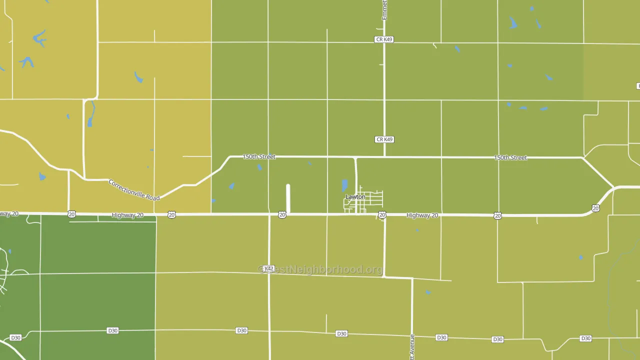 Map of the best neighborhoods in the 51030 area, with better matches in green and worse matches in red