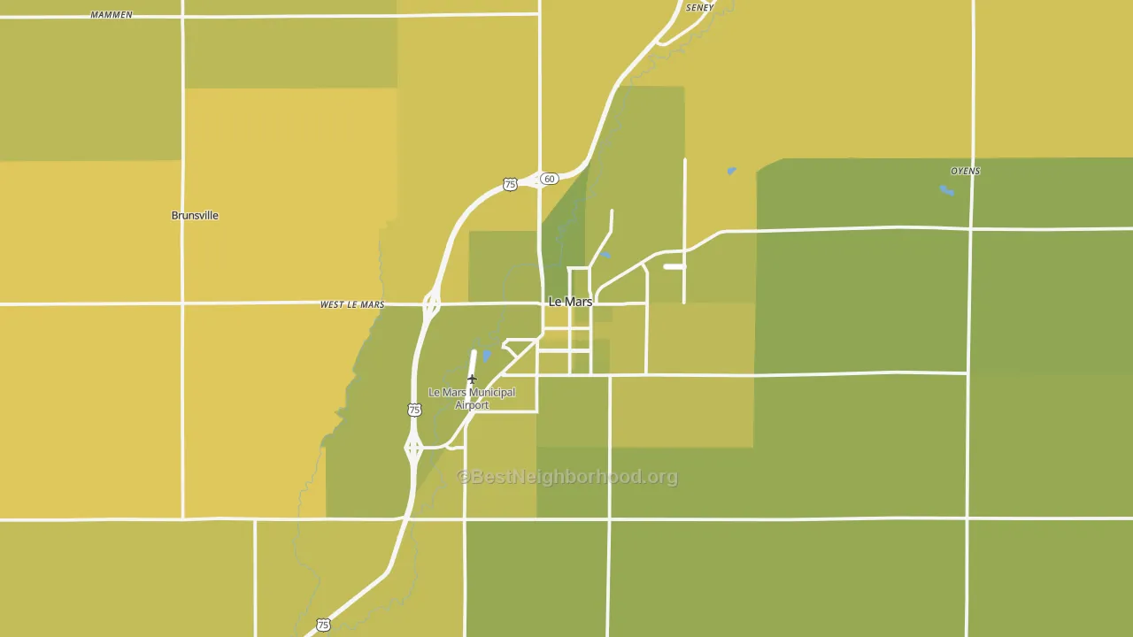 Map of the best neighborhoods in the 51031 area, with better matches in green and worse matches in red
