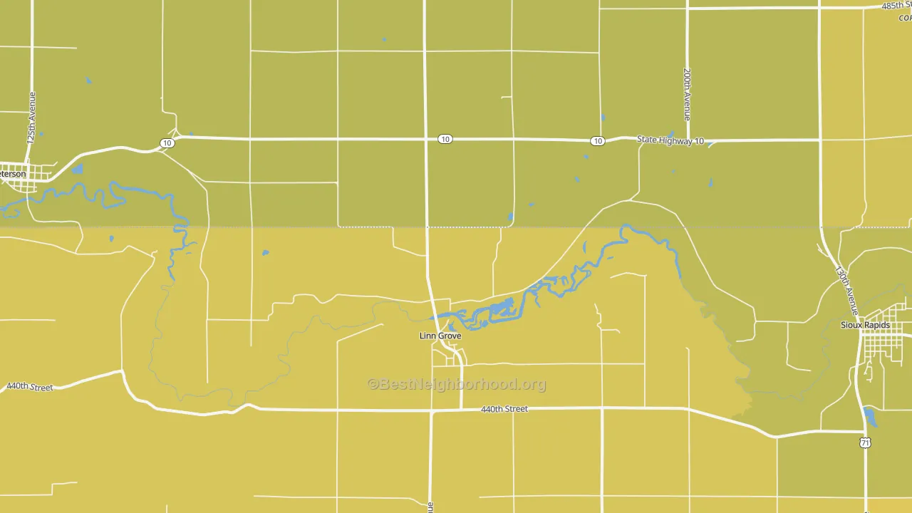 Map of the best neighborhoods in the 51033 area, with better matches in green and worse matches in red