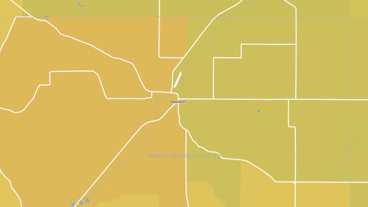 Map of the best neighborhoods in the 51034 area, with better matches in green and worse matches in red