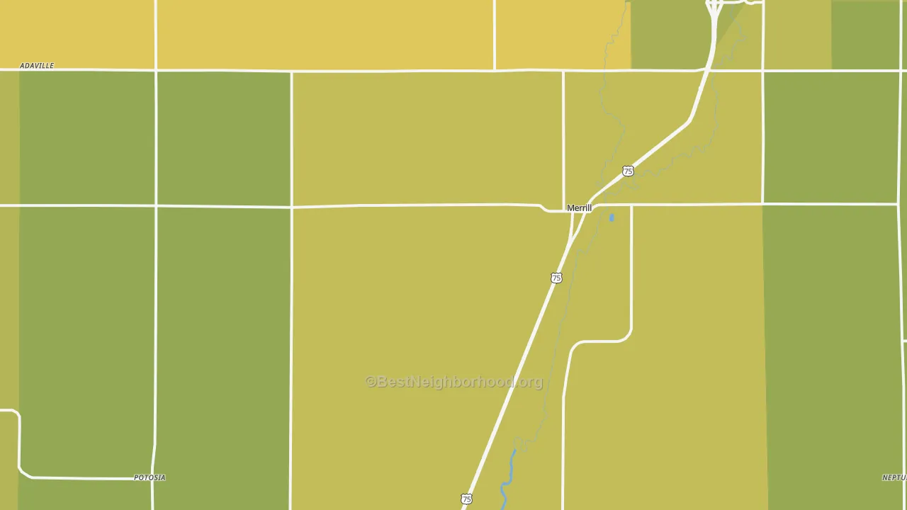 Map of the best neighborhoods in the 51038 area, with better matches in green and worse matches in red