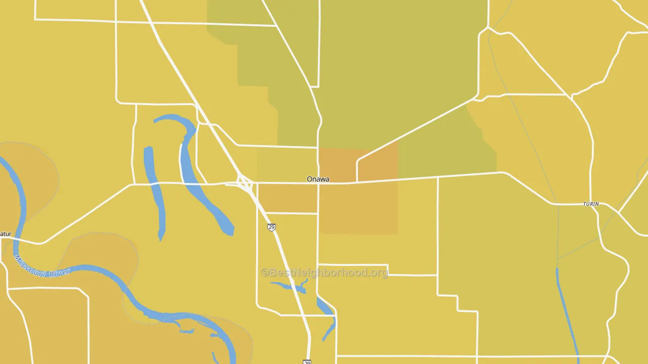 Map of the best neighborhoods in the 51040 area, with better matches in green and worse matches in red