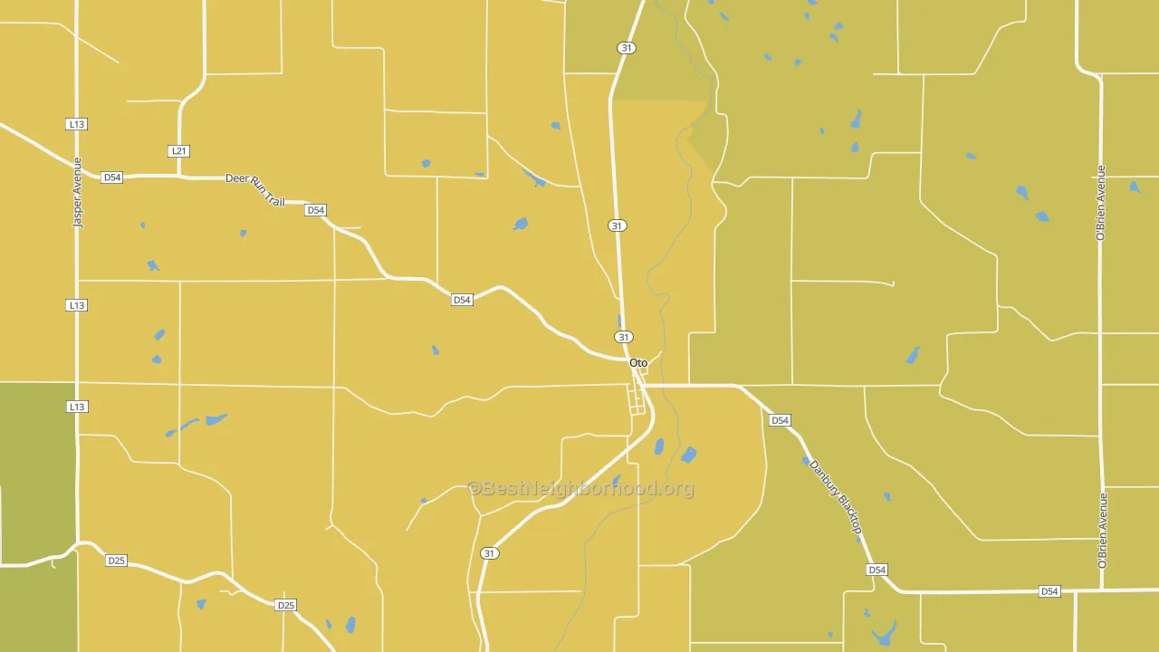 Map of the best neighborhoods in the 51044 area, with better matches in green and worse matches in red