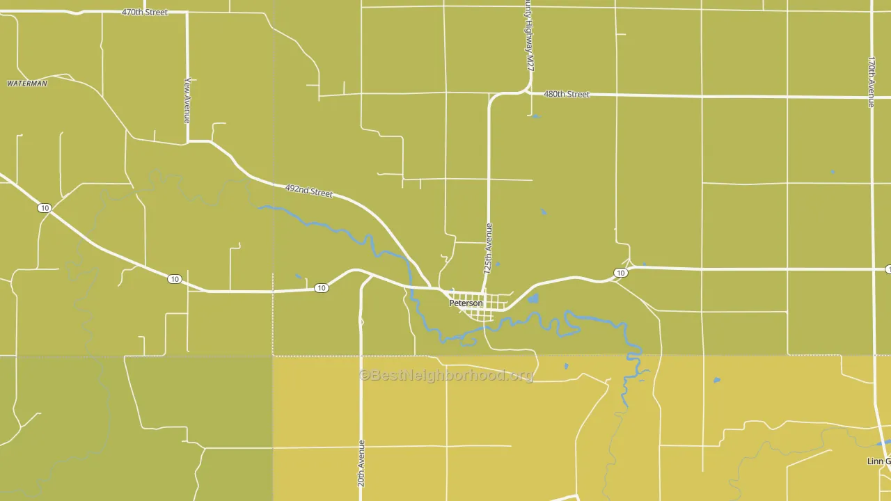 Map of the best neighborhoods in the 51047 area, with better matches in green and worse matches in red
