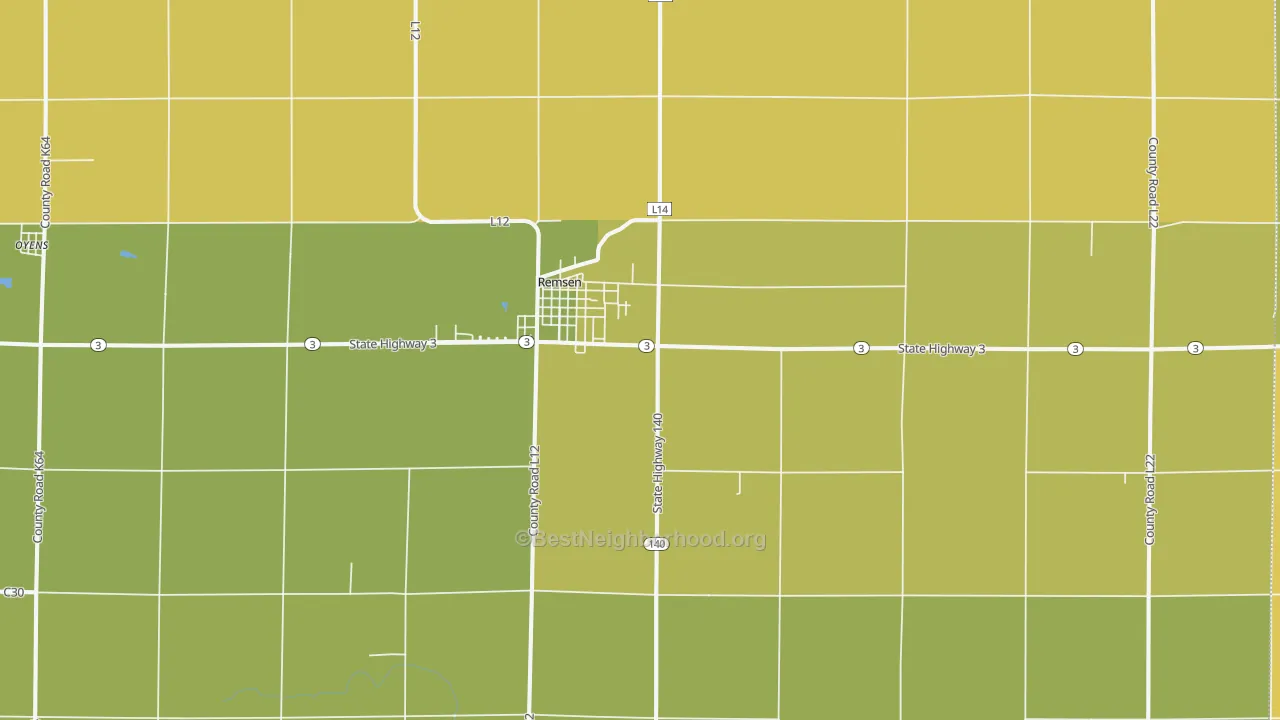 Map of the best neighborhoods in the 51050 area, with better matches in green and worse matches in red
