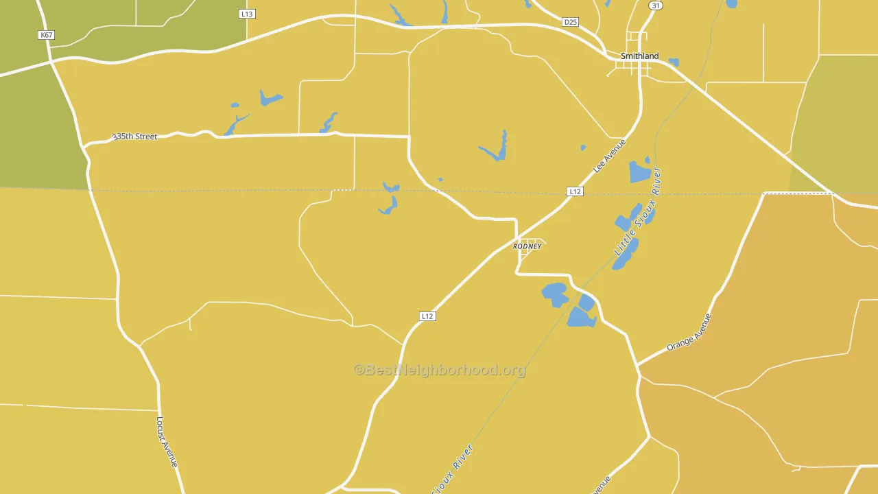 Map of the best neighborhoods in the 51051 area, with better matches in green and worse matches in red