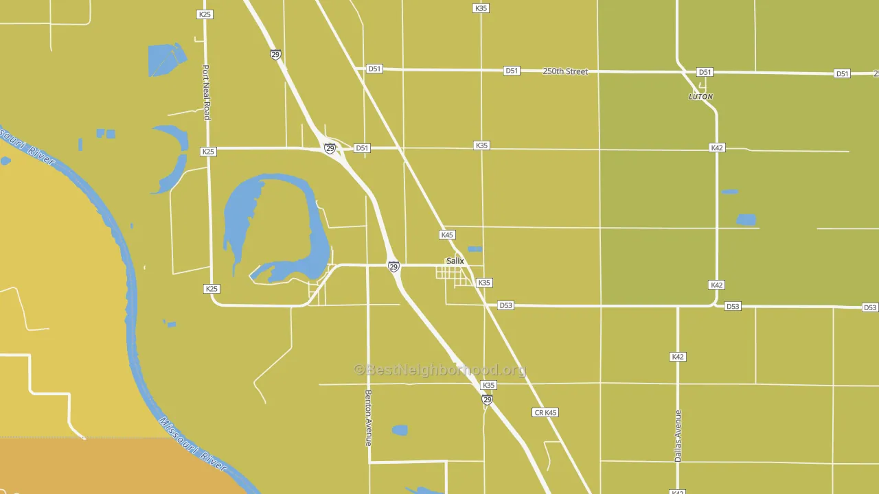 Map of the best neighborhoods in the 51052 area, with better matches in green and worse matches in red