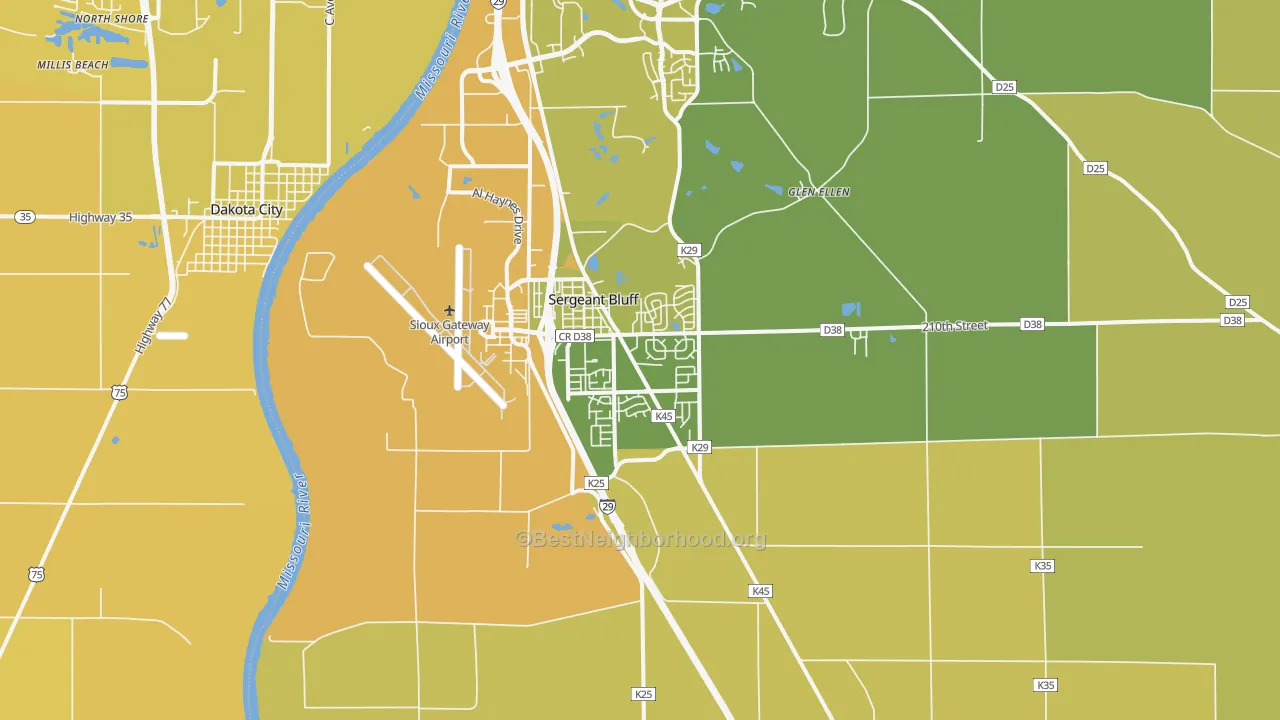 Map of the best neighborhoods in the 51054 area, with better matches in green and worse matches in red