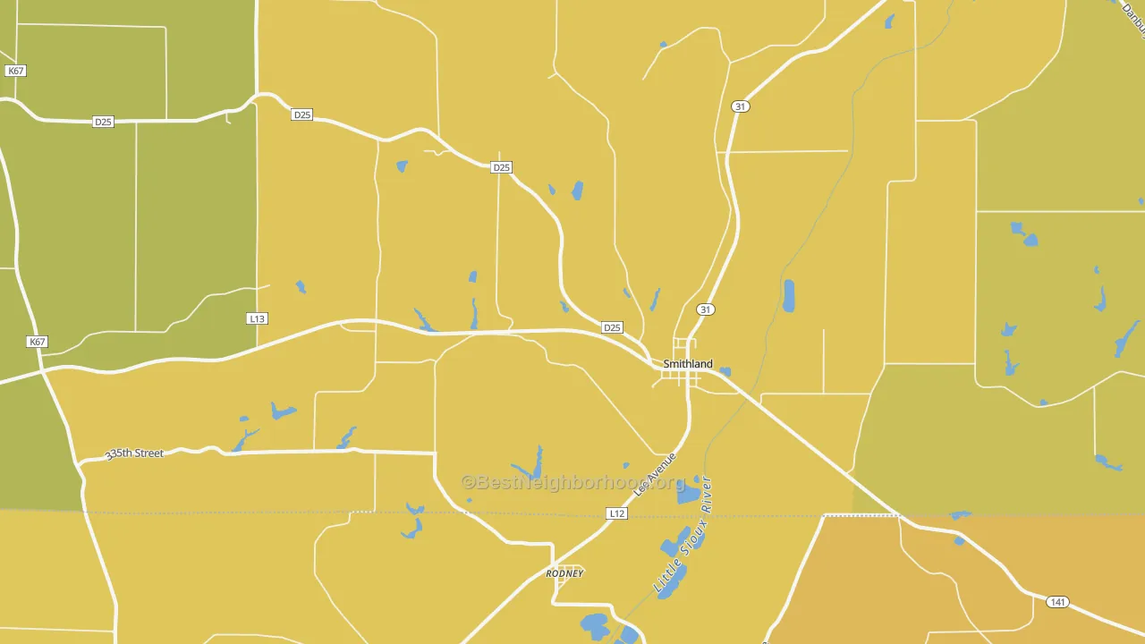 Map of the best neighborhoods in the 51056 area, with better matches in green and worse matches in red