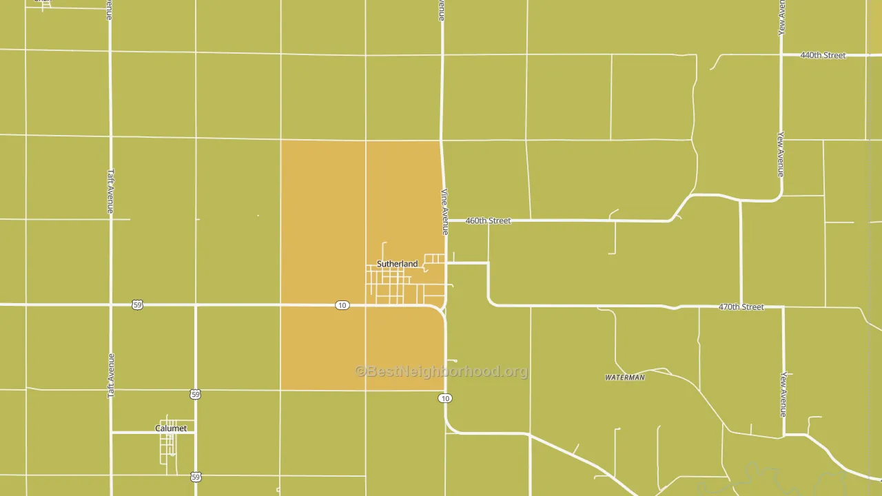 Map of the best neighborhoods in the 51058 area, with better matches in green and worse matches in red