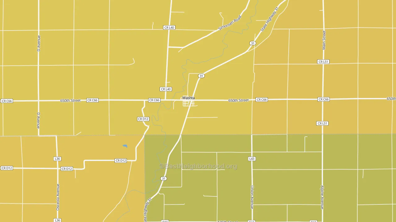 Map of the best neighborhoods in the 51061 area, with better matches in green and worse matches in red