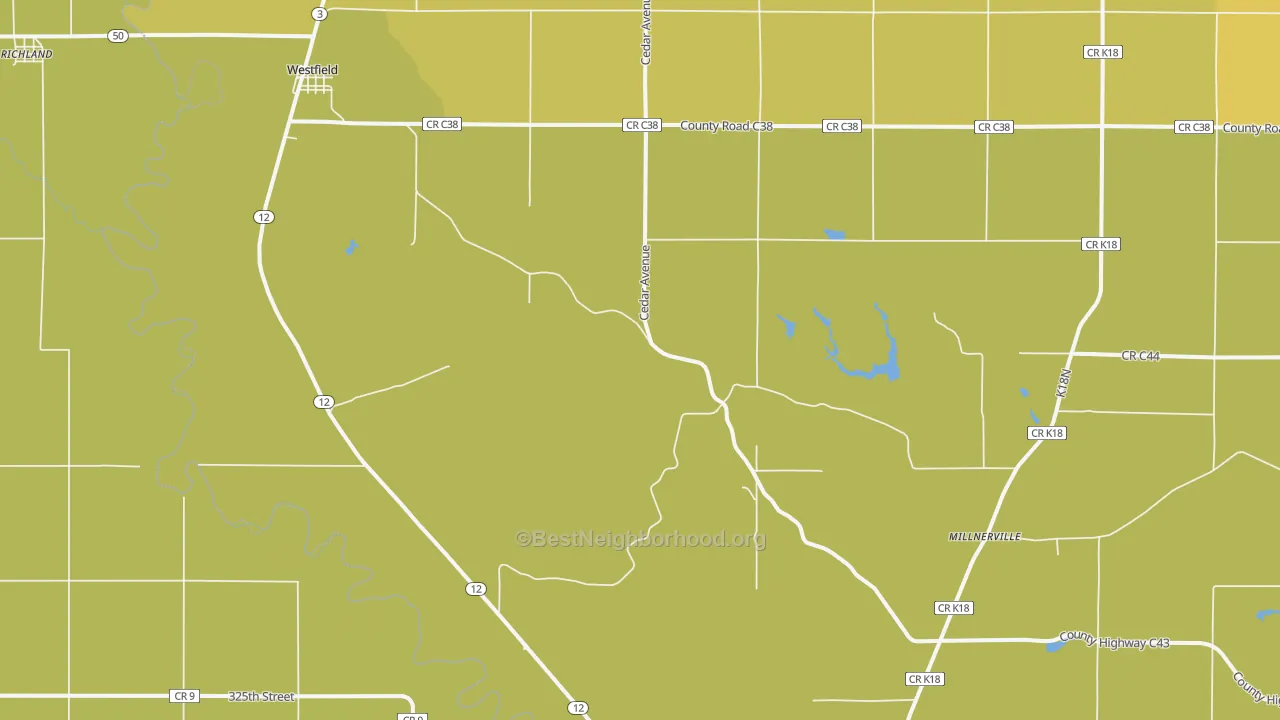 Map of the best neighborhoods in the 51062 area, with better matches in green and worse matches in red