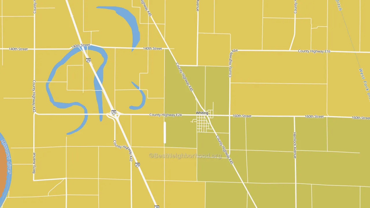 Map of the best neighborhoods in the 51063 area, with better matches in green and worse matches in red