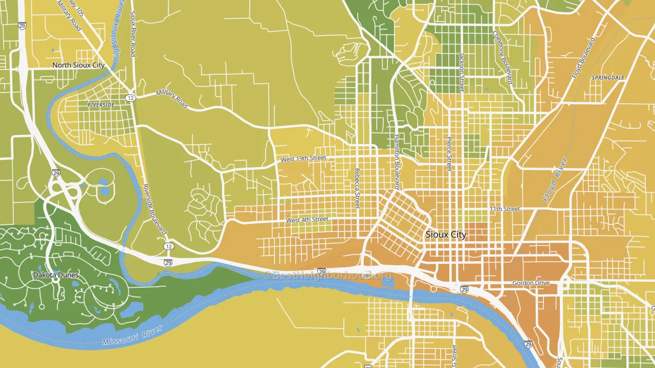 Map of the best neighborhoods in the 51103 area, with better matches in green and worse matches in red