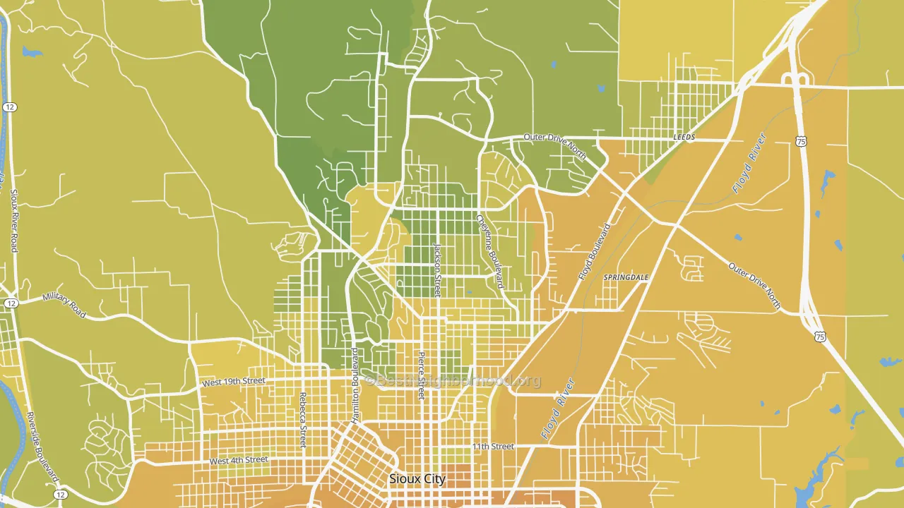 Map of the best neighborhoods in the 51104 area, with better matches in green and worse matches in red