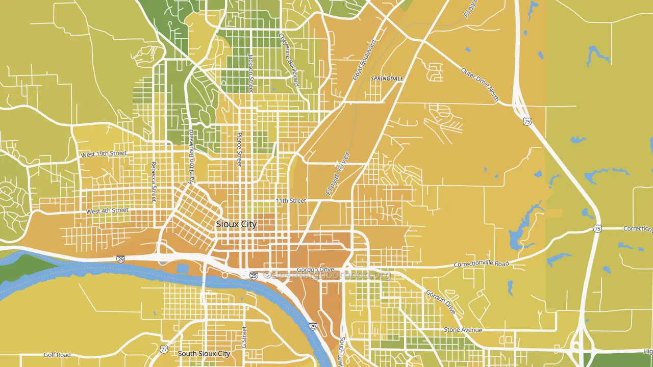 Map of the best neighborhoods in the 51105 area, with better matches in green and worse matches in red