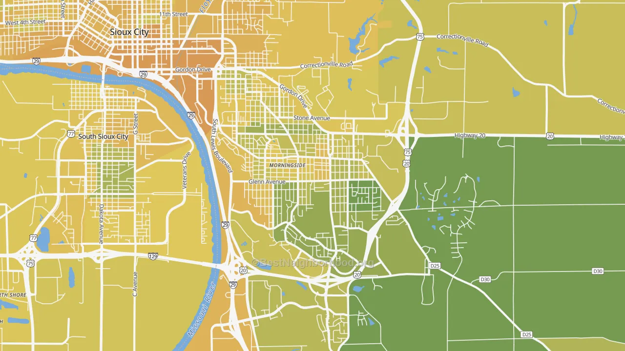 Map of the best neighborhoods in the 51106 area, with better matches in green and worse matches in red