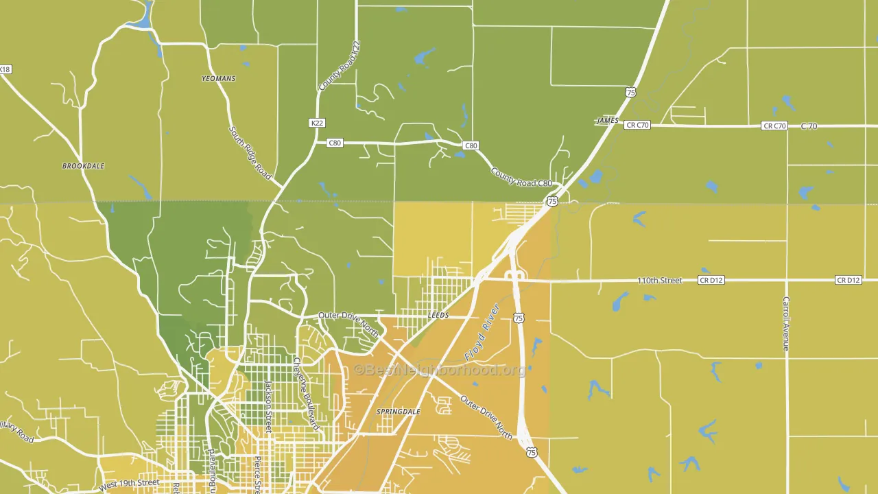 Map of the best neighborhoods in the 51108 area, with better matches in green and worse matches in red
