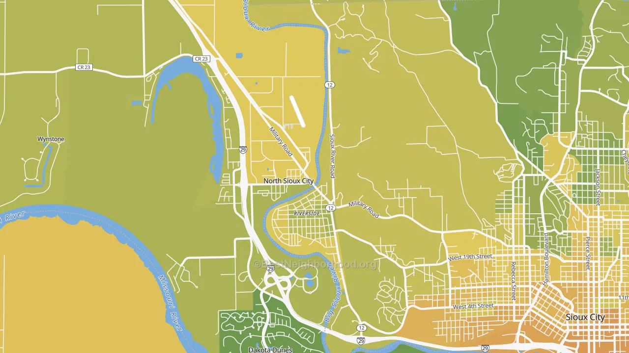 Map of the best neighborhoods in the 51109 area, with better matches in green and worse matches in red