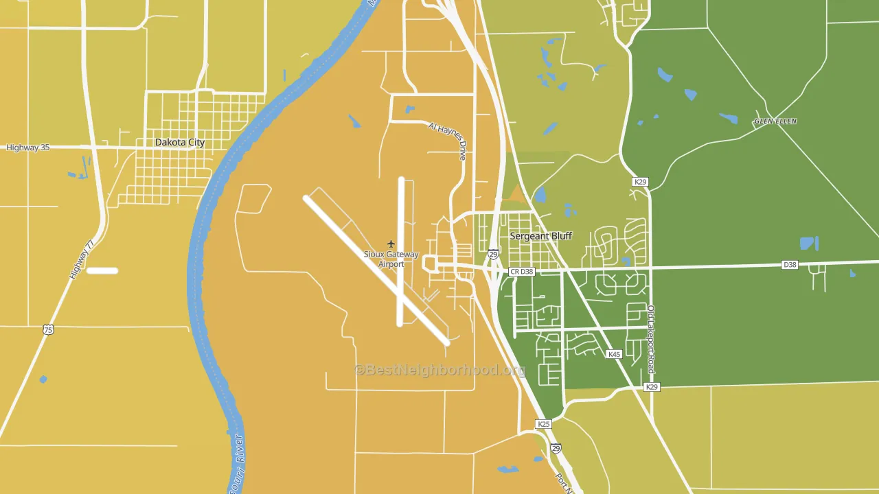 Map of the best neighborhoods in the 51111 area, with better matches in green and worse matches in red