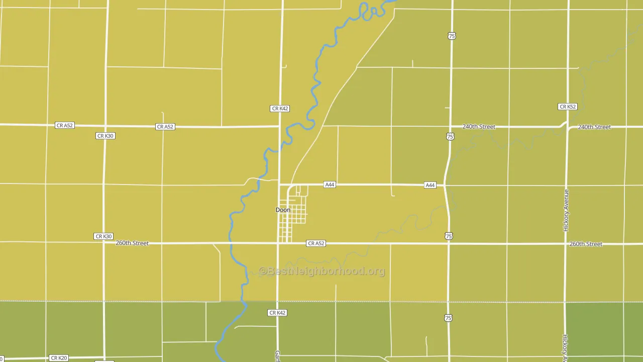 Map of the best neighborhoods in the 51235 area, with better matches in green and worse matches in red