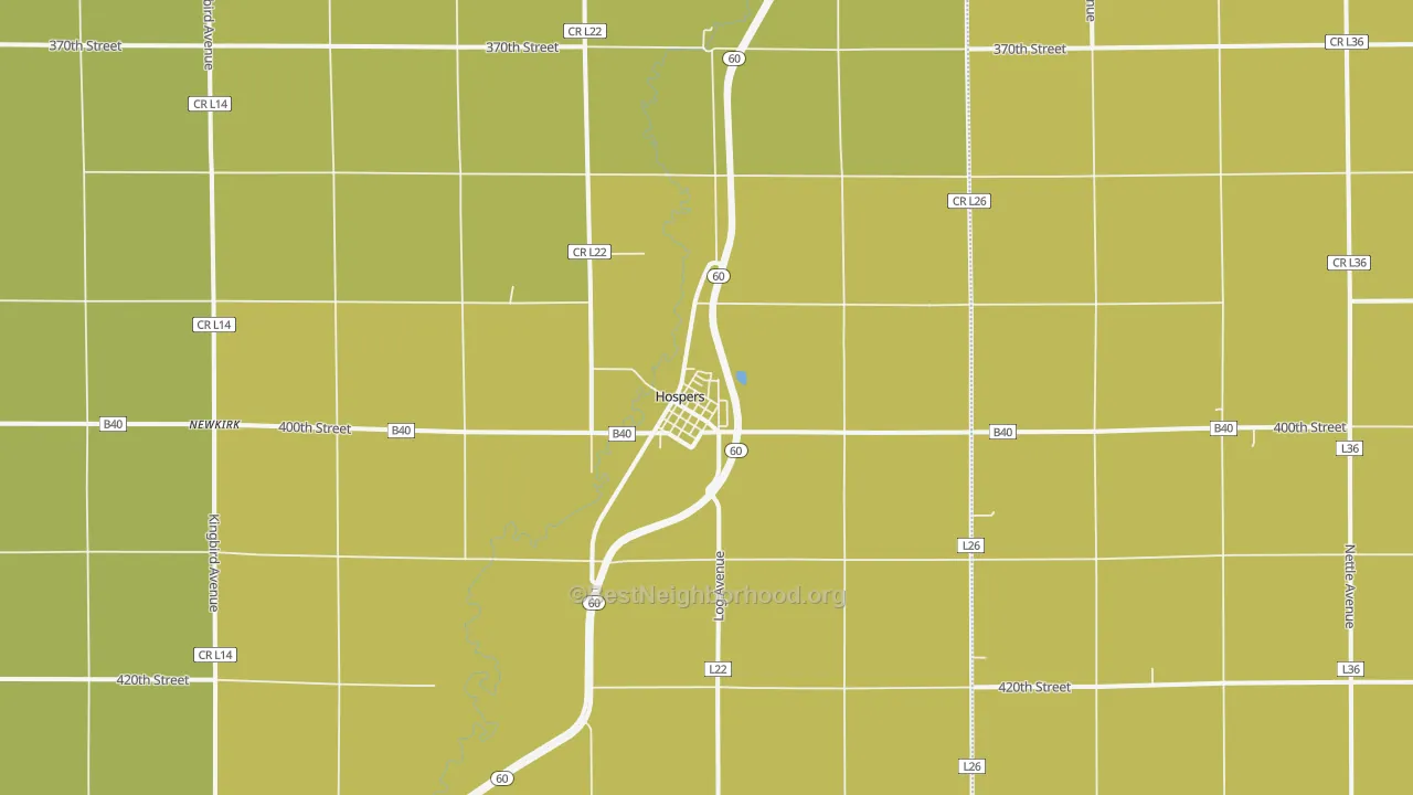 Map of the best neighborhoods in the 51238 area, with better matches in green and worse matches in red