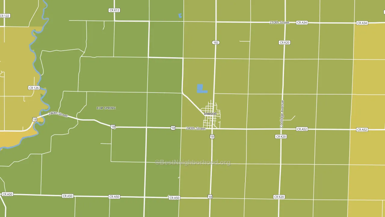 Map of the best neighborhoods in the 51240 area, with better matches in green and worse matches in red